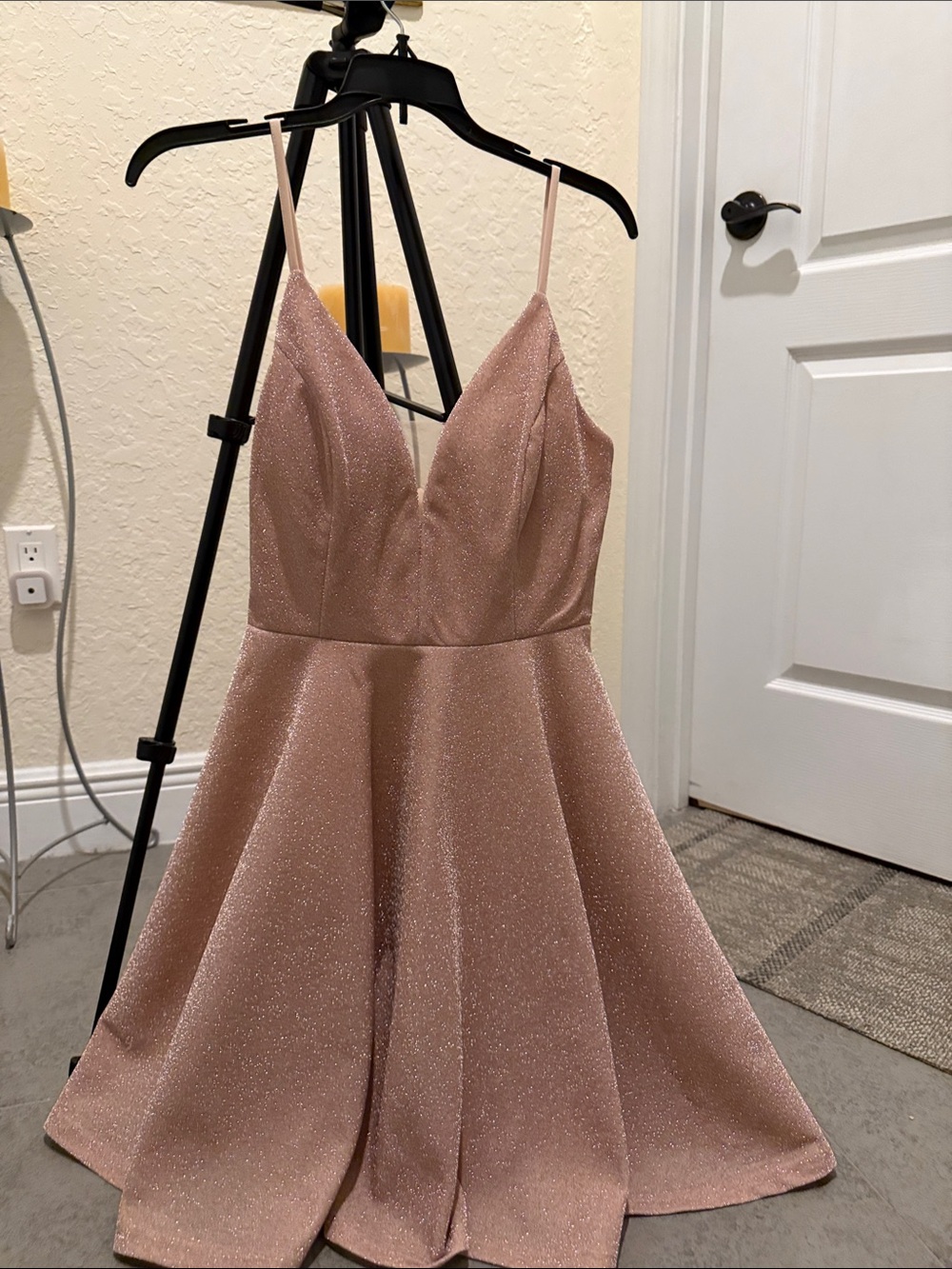 Shimmery Rose Gold Spaghetti Strap Mini Dress